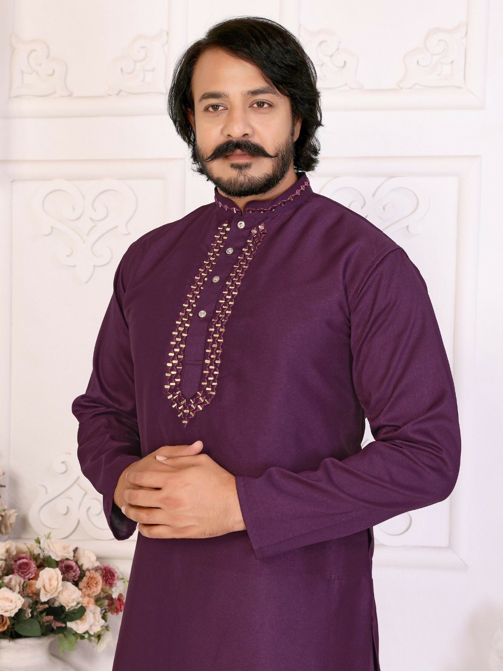 Anaita Purple Silk Straight Kurta With Neck Mirror Work - Distacart