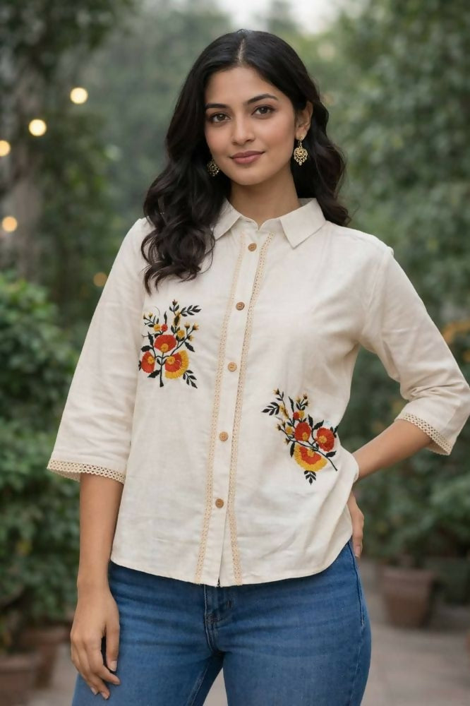 Teeya Creation Womens New Trendy Premium Cotton-Linen Off-White Fusion Shirt Kurti with Floral Embroidery - Dista