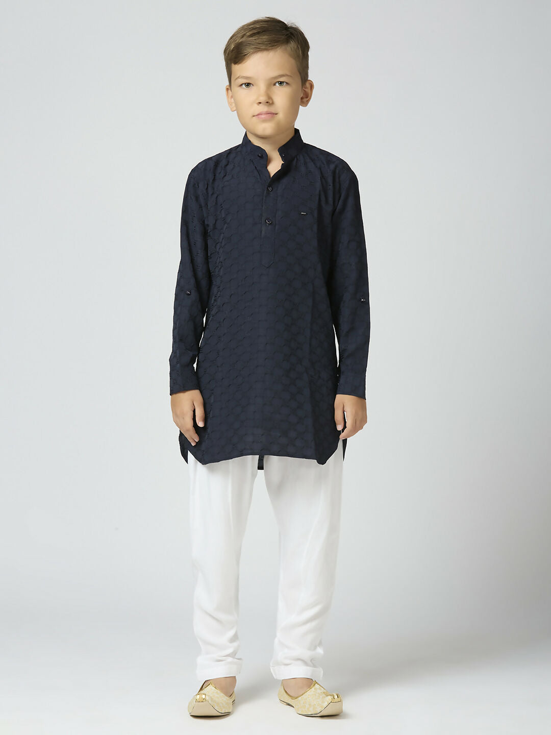 Joban Fashion Kids Island Full Sleeves Texture Cotton Kurta and Pyjama Set - Navy Blue - Distacart