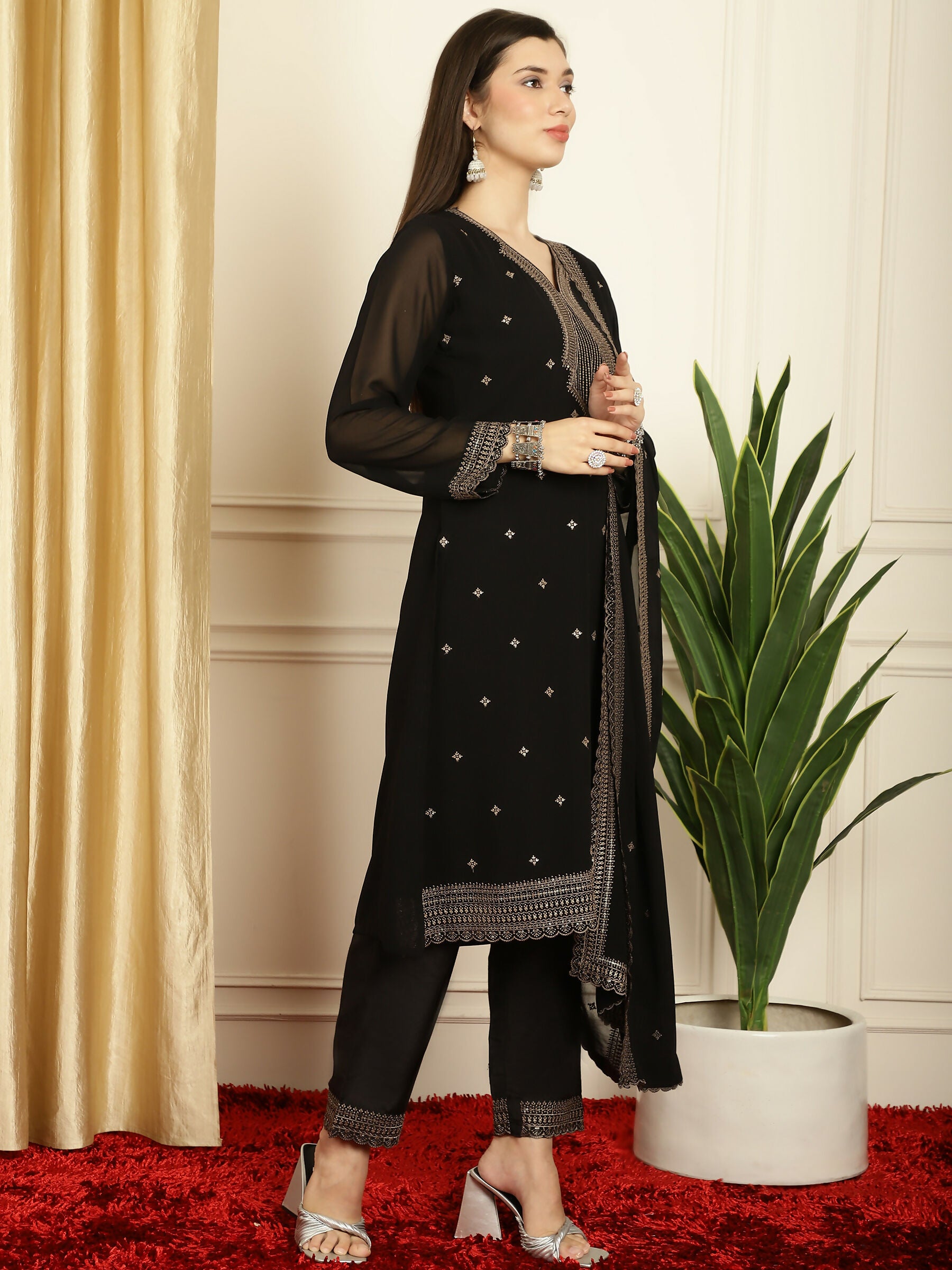 Jyoti Fashion Women's Black Georgette Resham Thread & Sequin Kurta with Trouser & Dupatta - Distacart