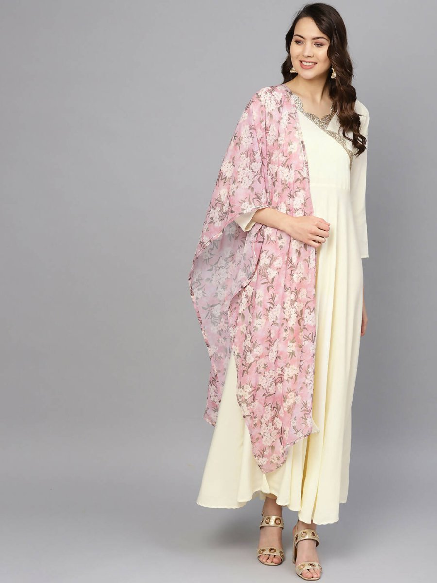 Ahalyaa Women's Cream Crepe kurta With Printed Dupatta Set - Distacart