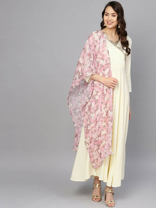 Ahalyaa Women's Cream Crepe kurta With Printed Dupatta Set - Distacart