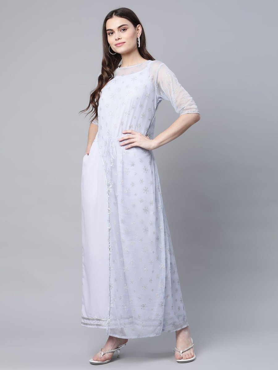 Ahalyaa Womens Blue Crepe & Net Silver Glitter Print Jumpsuit - Distacart