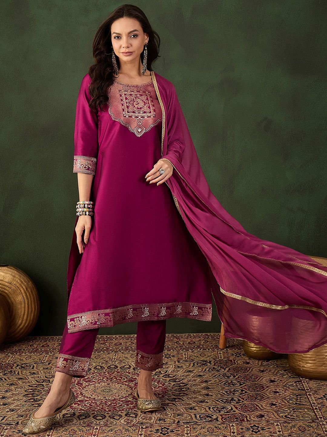 Sangria Woven Design Kurta & Trouser With Dupatta - Distacart