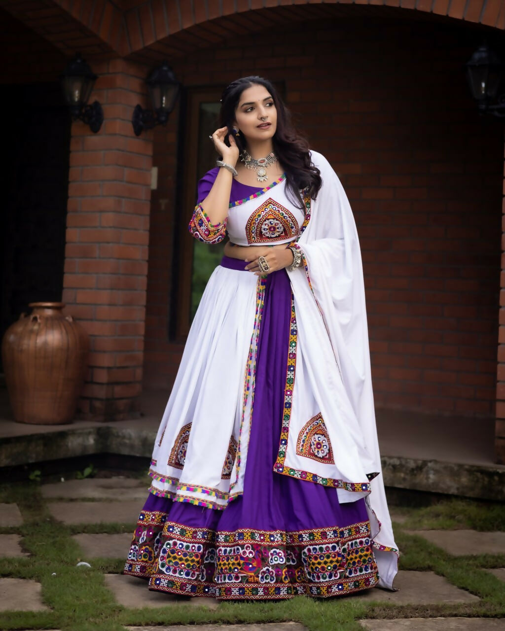 Yash Enterprise Purple White Rayon Cotton Embroidery Semi Stitched Navratri Top Chaniya Choli - Dista