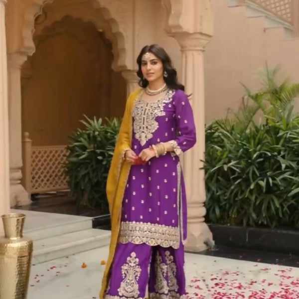 Teeya Creation Womens New Wedding Wear Heavy Embroidery Thread Work Purple Kurta Set - Dista