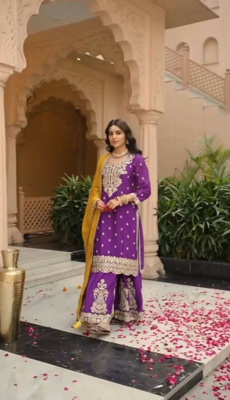 Teeya Creation Womens New Wedding Wear Heavy Embroidery Thread Work Purple Kurta Set - Dista