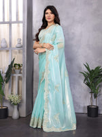 Thumbnail for Vastranavya Sky Blue Embroidery Work Shimmer Chiffon Saree with Unstitched Blouse