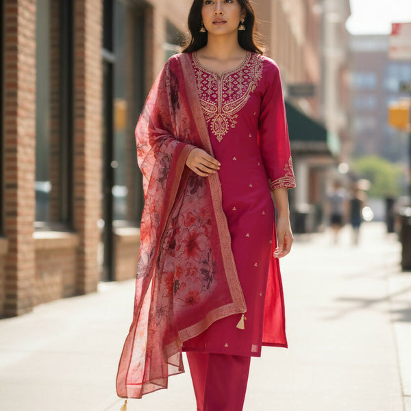 The52 Women's Beautiful Chanderi Silk Fabric Embroidery Work Straight Kurta Pant and Dupatta Set - Distacart