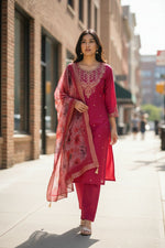 Thumbnail for The52 Women's Beautiful Chanderi Silk Fabric Embroidery Work Straight Kurta Pant and Dupatta Set - Distacart