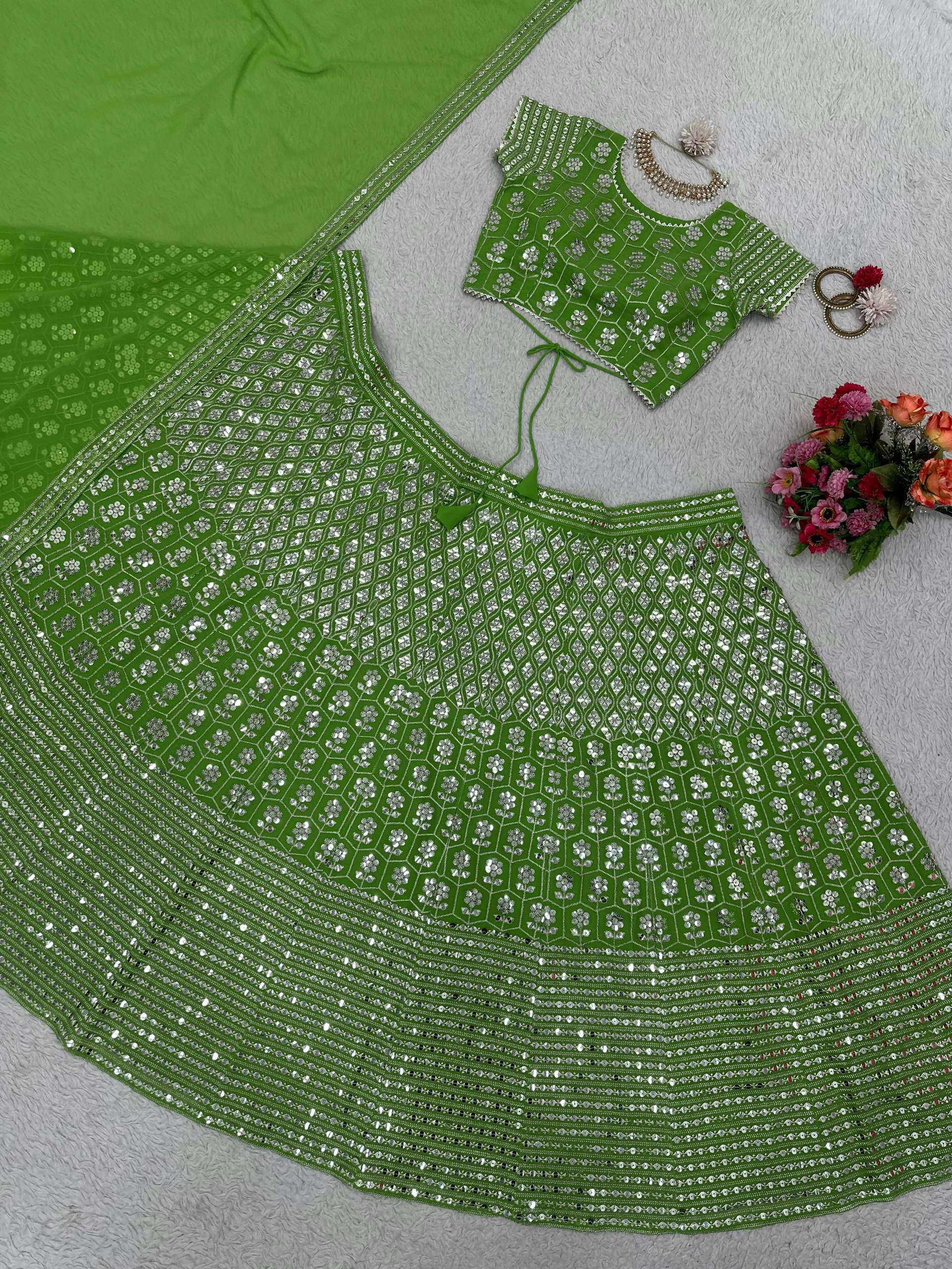 Preksha Creation Green Foux Georgette With Thread With 9Mm Sequence Women Lehenga Choli - Distacart