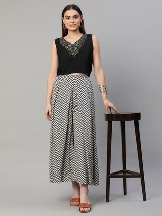 Ahalyaa Women Black Crepe Printed Top Palazzo Set - Distacart