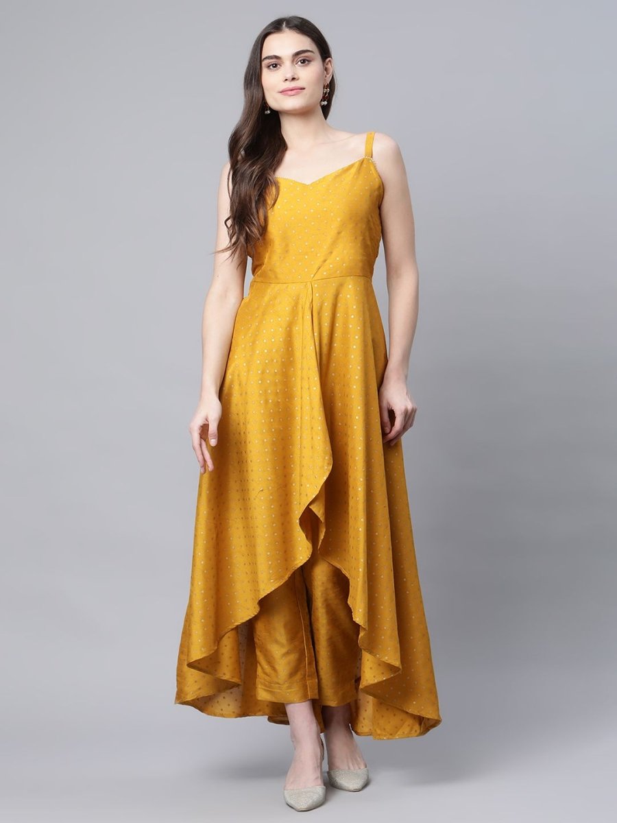 Ahalyaa Women Mustard Poly Silk Gold-Toned Printed Kurta With Trousers - Distacart