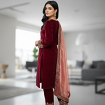 Thumbnail for Joban Fashion Maroon Kurta Set Velvet Embroidery Sequence Work - Distacart