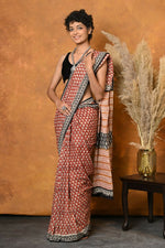 Thumbnail for Very Much Indian Handblock Printed Cotton Saree With Natural Dyes - Orange - Distacart