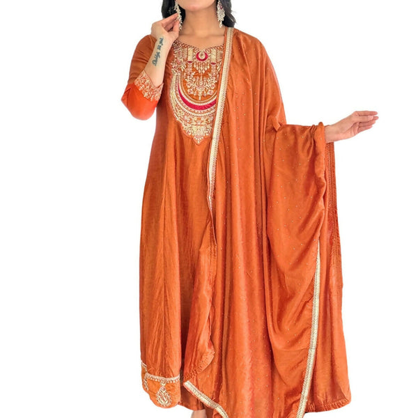 The52 Rust Women's Gorgeous Embroidered Vichitra Silk Fabric Flared Kurta, Pant and Dupatta Set - Distacart
