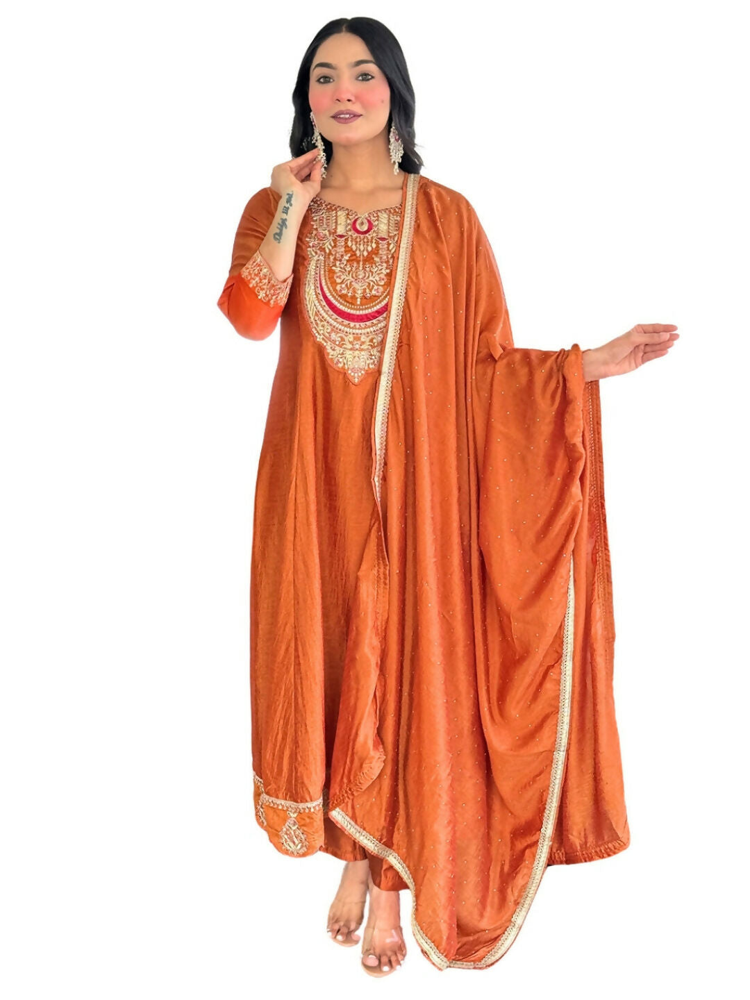 The52 Rust Women's Gorgeous Embroidered Vichitra Silk Fabric Flared Kurta, Pant and Dupatta Set - Distacart