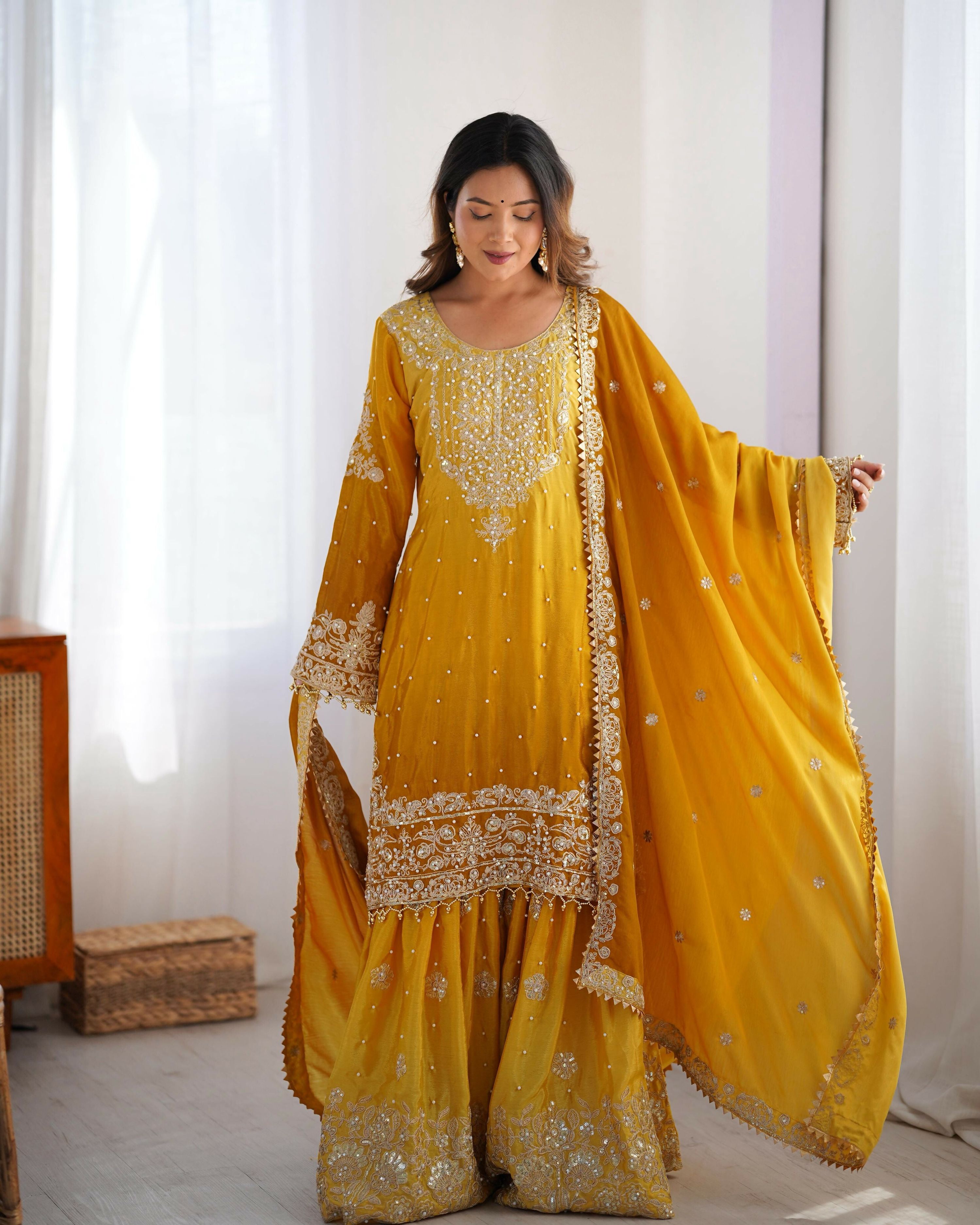 Joban Fashion yellow Palazzo Chinon silk Coding Dori with Sequence with Rivet Moti