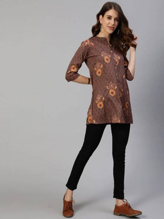 Anubhutee Brown & Yellow Floral Foil Printed Kurti - Distacart