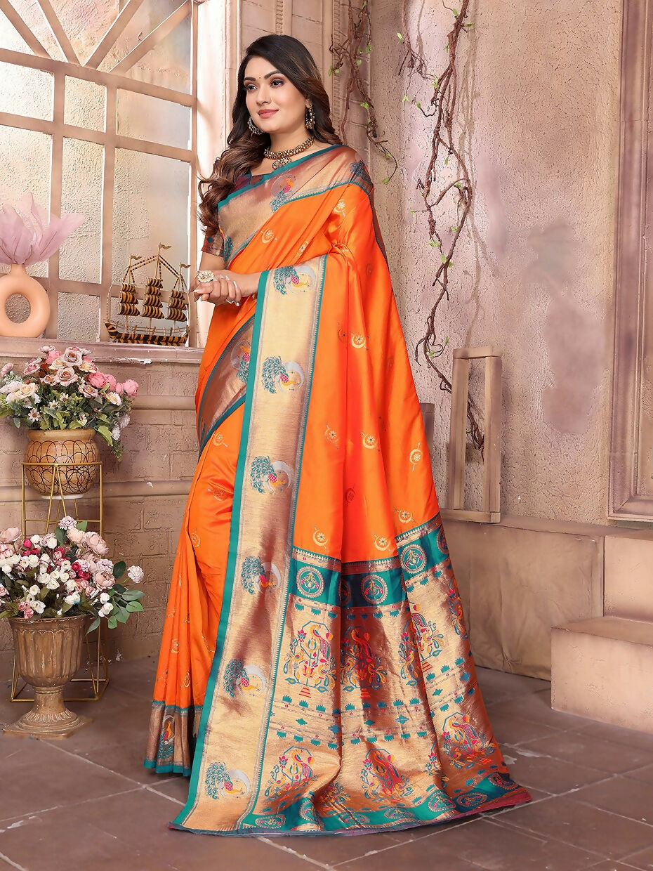 Joban Fashion Paithani Orange Woven Soft Silk Saree