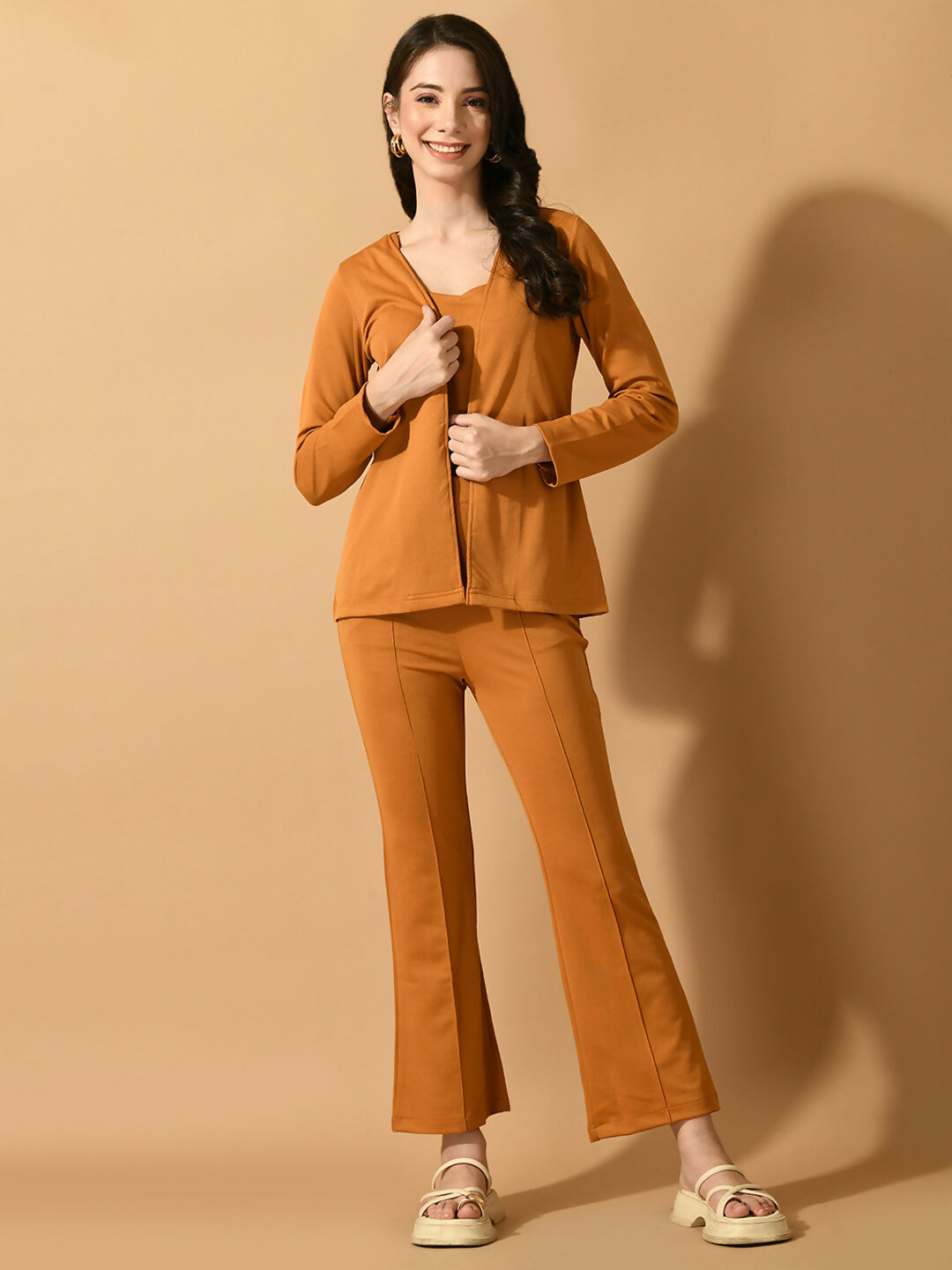 Myshka Women's Mustard Solid Coat With Trousers - Distacart