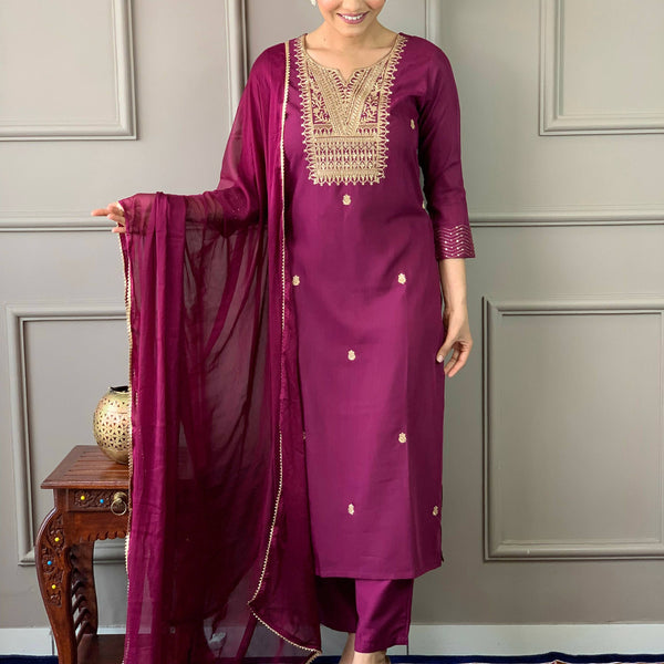 Partywear Designer Rayon Slub Wine Stitched Suit With Dupatta - Tanisha - Distacart