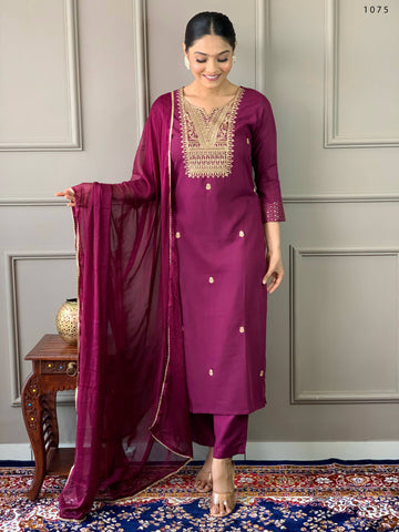 Partywear Designer Rayon Slub Wine Stitched Suit With Dupatta - Tanisha - Distacart