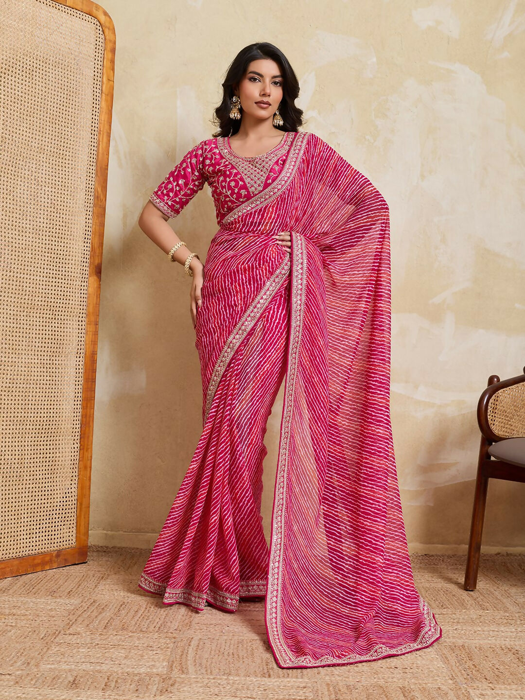 Teeya Creation New Trendy Leheriya Bandhani Georgette Saree For Daily Wear -Pink - Dista