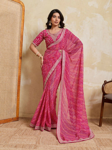 Teeya Creation New Trendy Leheriya Bandhani Georgette Saree For Daily Wear -Pink - Dista