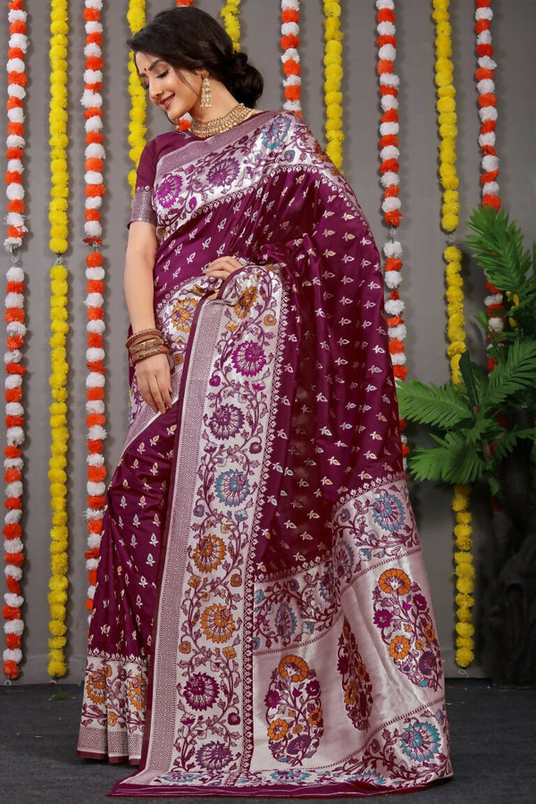 Jyoti Fashion Women's Wine Banarasi Silk Zari Woven Saree with Blouse - Distacart