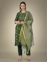Thumbnail for Jyoti Fashion Women's Dark Green Cotton Magic Slub Embroidery & Sequence work Kurta with Trouser & Dupatta - Distacart