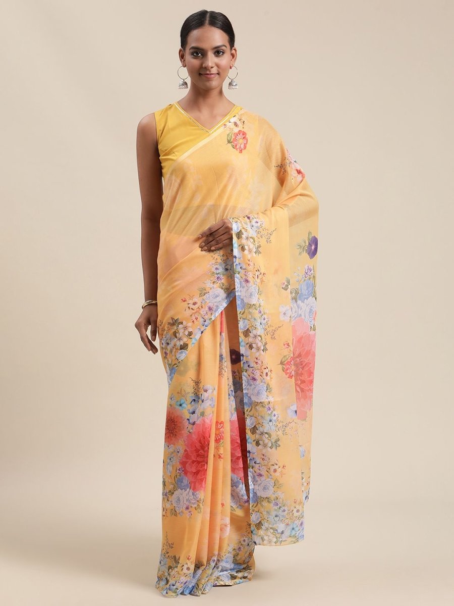 Ahalyaa Women's Mustard Colour Chiffon Digital Print Floral Saree - Distacart