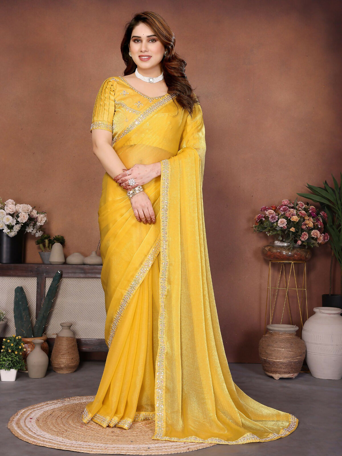 Teeya Creation Trendy Stylish Party Wear Fendy Chiffon Saree-Yellow - Dista
