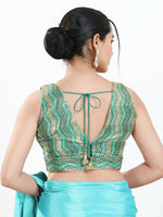 Thumbnail for Joban Fashion Green Multi Silk Padded Blouse With V Neck Sleeveless - Distacart