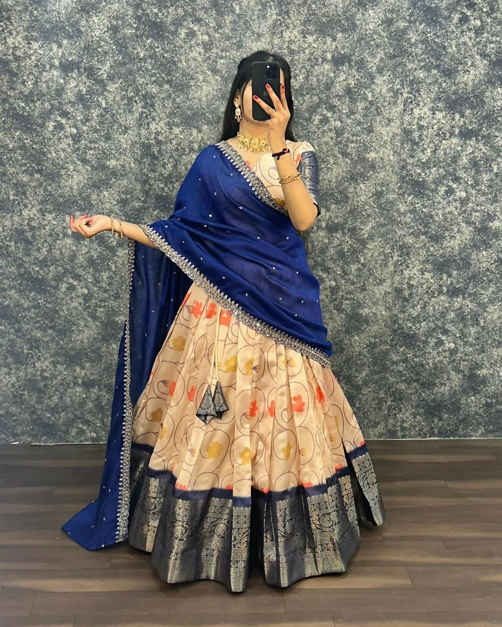 Teeya Creation Womens New Trendy Designer Blue Floral Lehenga Choli Set with Contrast Border and Dupatta Set - Dista