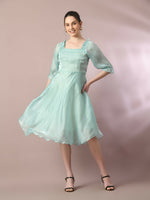 Thumbnail for Myshka Women's Sea Green Solid Square Neck Fit and Flare Party Dress - Distacart