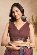 Thumbnail for Vastranavya Coffee Digital Printed Linen Ready To Wear Designer Saree with Unstitched Blouse - Distacart