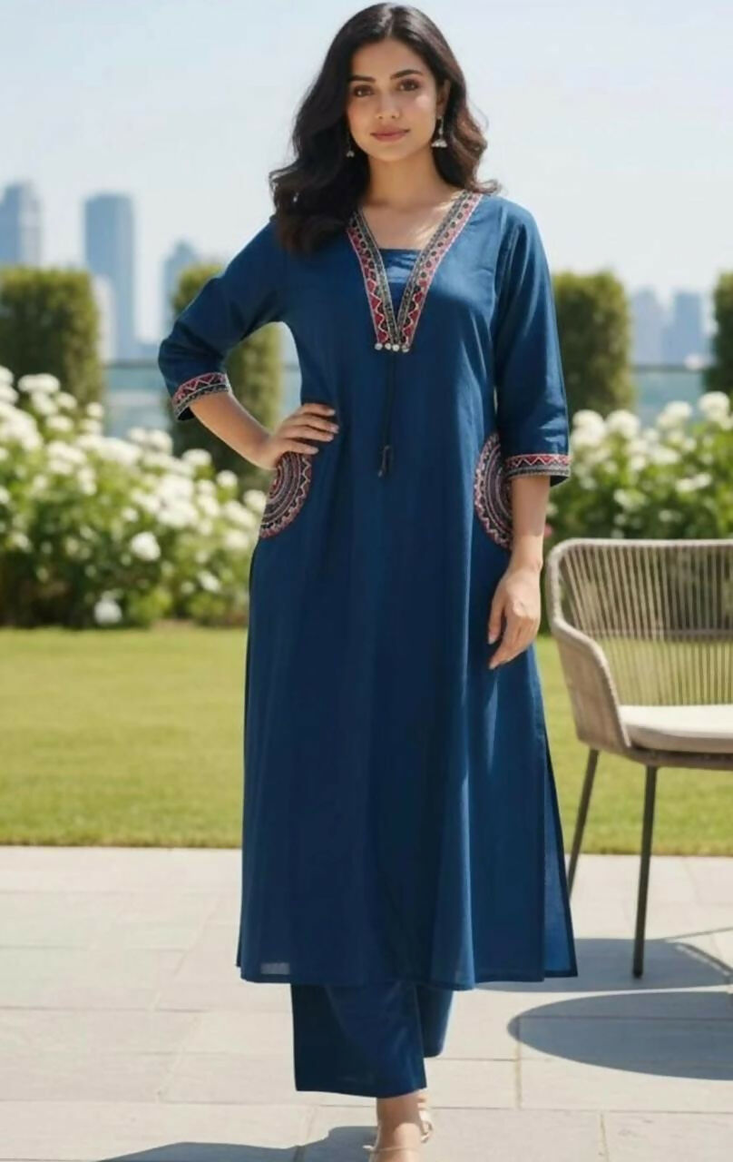 Miravan Womens Blue Straight Kurta With Palazzo Set - Dista