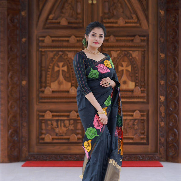 Black Pure Silk Woven Design Saree with Unstitched Blouse - A2M - Distacart