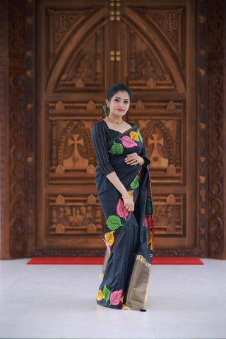 Black Pure Silk Woven Design Saree with Unstitched Blouse - A2M