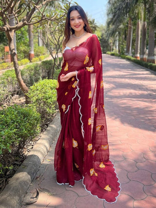 Anouk Floral Printed Embellished Beads and Stones Pure Chiffon Saree - Distacart