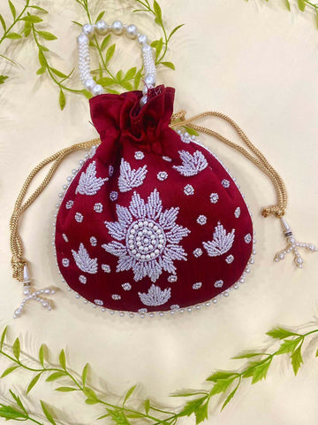 Joban Fashion Pearl Hand Work Potli Bag - Maroon - Dista