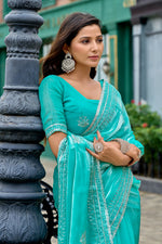 Thumbnail for Vastranavya Turquoise Embroidery Work Shimmer Chiffon Saree with Unstitched Blouse