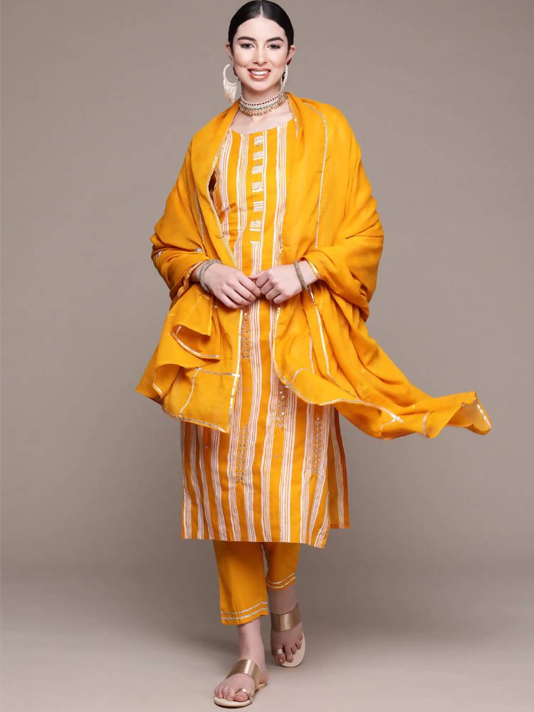 Anubhutee Yellow Ethnic Motifs Striped Thread Work Pure Cotton Kurta with Palazzos & With Dupatta - Distacart