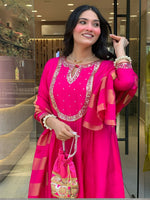 Thumbnail for The52 Rani Women's Gorgeous Embroidered Work Chanderi Fabric Flared Kurta Pant and Dupatta Set - Distacart