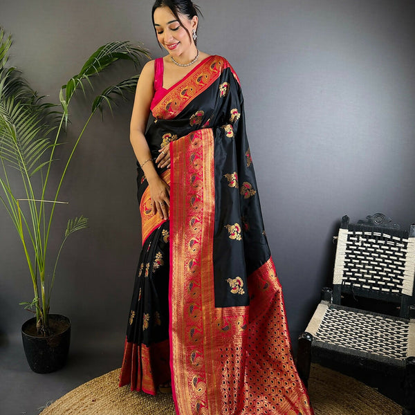 Joban Fashion Banarasi Black Woven Soft Silk Saree