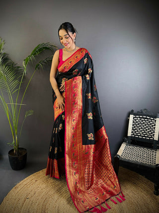 Joban Fashion Banarasi Black Woven Soft Silk Saree