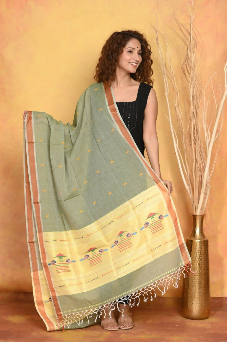 Very Much Indian Handloom Pure Cotton Paithani Dupatta - Green - Distacart