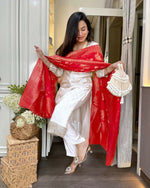 Thumbnail for The52 White Women's Beautiful Chanderi Jacquard Fabric Embroidered Work Straight Kurta Pant and Dupatta Set - Distacart