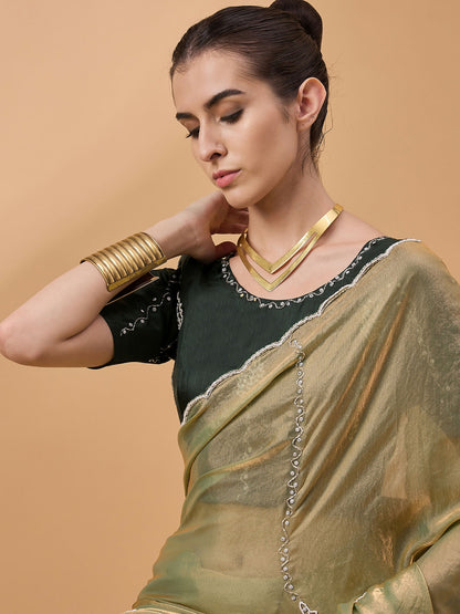 Green Muslin Embroidered Saree with Unstitched Blouse Piece - Satya - Distacart